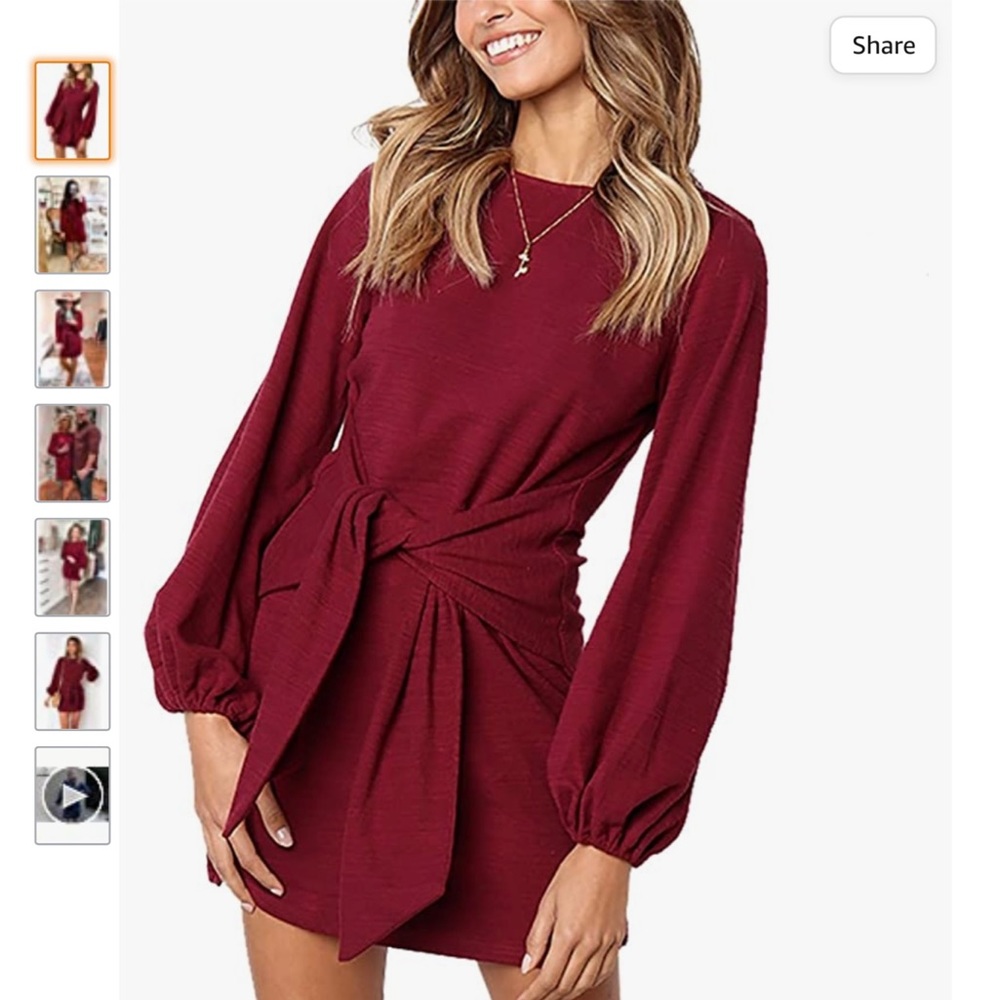Prettygarden Garnet Red Mini Dress Tie Front Puff Long Sleeve L
